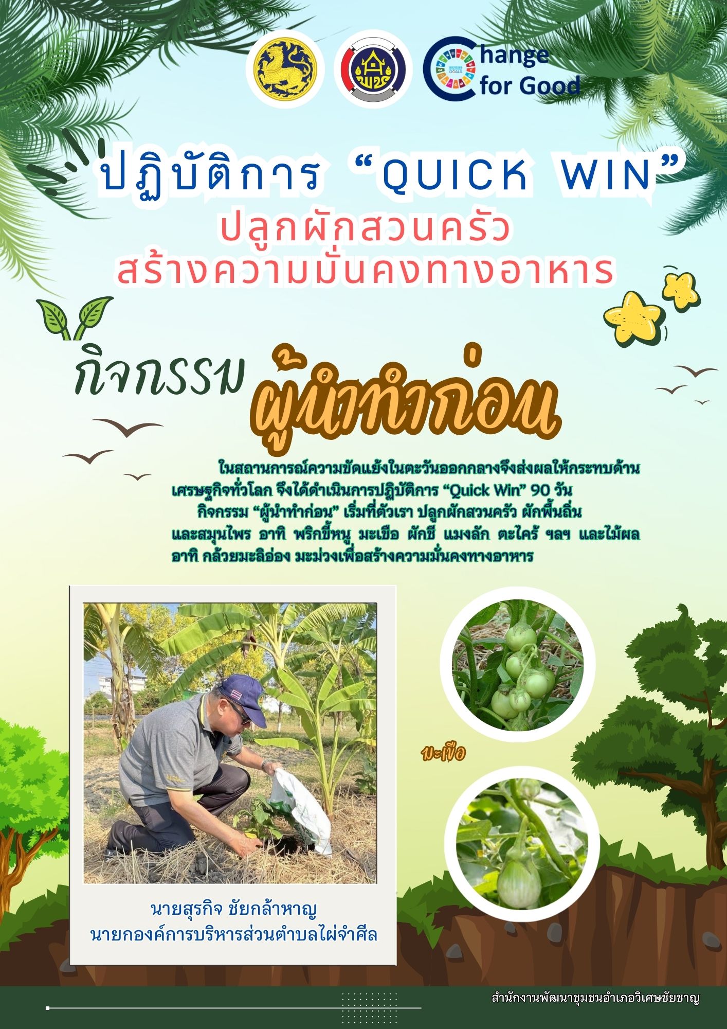 พช.วิเศษชัยชาญ ส่งเสริมกิจกรรมปลูกผักสวนครัว ปฏิบัติการ "QUICK WIN" 90 วัน สู้ภัยวิกฤติด้วยวิถีพอเพียง ภายใต้แนวคิด "จะพัฒนาใครเขา ต้องเริ่มจากตัวเราก่อน" ผู้นำทำก่อน ระยะที่ 1